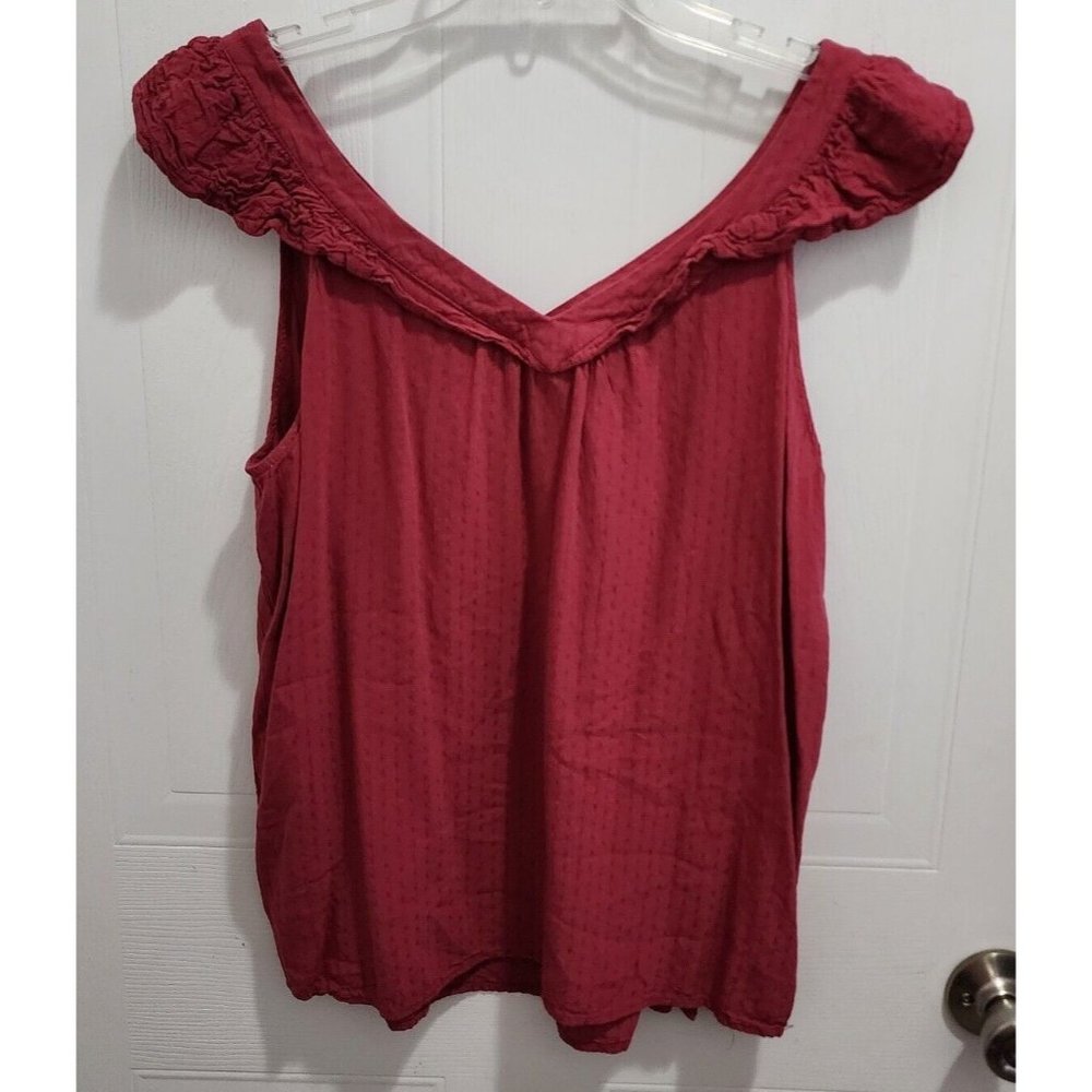 Loft Women's Sleeveless Blouse Top Ruffle V Neck Rustic Pink Dots‎ Size Medium